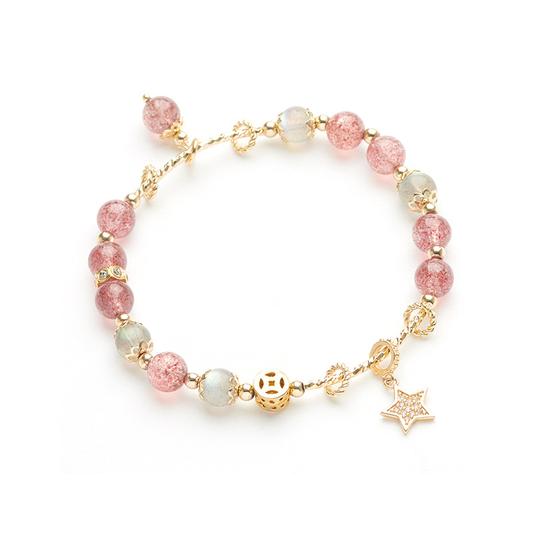 Natural Strawberry Quartz & Moonstone Bracelet with Gold Star Charm | Dainty Crystal Jewelry