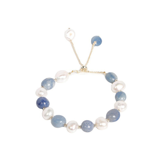 Natural Blue Aventurine & Freshwater Pearl Adjustable Bracelet | Elegant Healing Jewelry