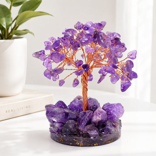 Close-up of amethyst crystal tree decor with copper wire trunk