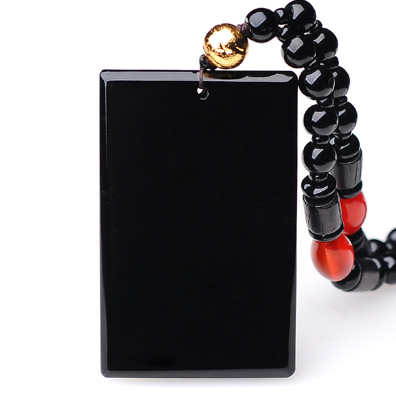 Natural Black Obsidian Minimalist Plaque Pendant | "Wushi Pai" Protection Amulet