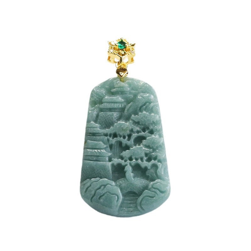 Authentic Grade A Jadeite "Shan Shui" Landscape Pendant | Blue Water Jade Necklace