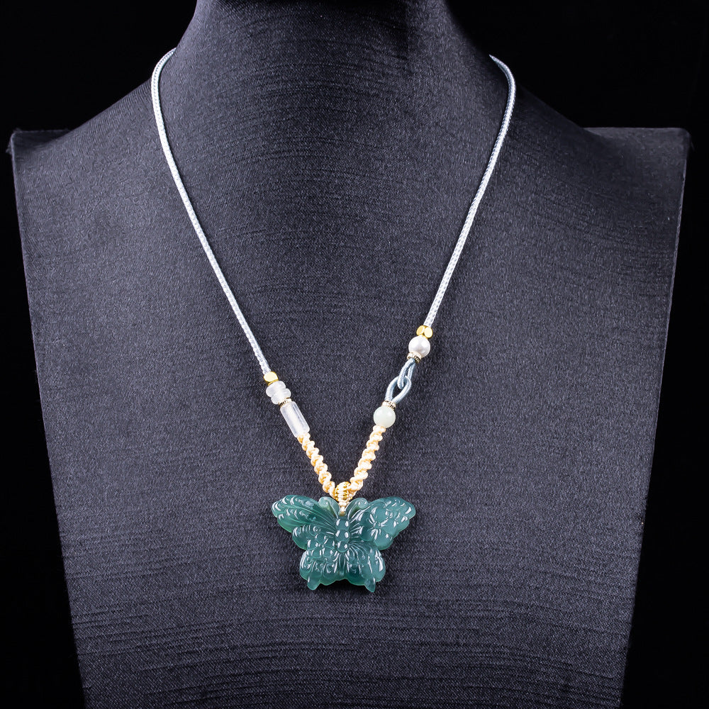 Authentic A type Icy Blue Water Jadeite Butterfly Pendant | Floral Carved Jade Necklace