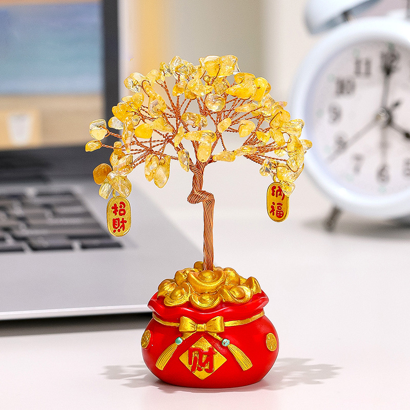 Yellow crystal fortune tree decor with red money bag base