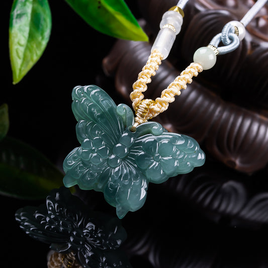 Authentic A type Icy Blue Water Jadeite Butterfly Pendant | Floral Carved Jade Necklace