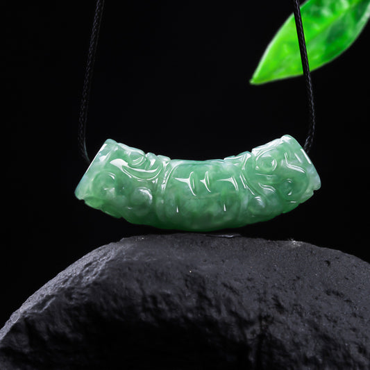Authentic A type Jadeite Curved Tube Pendant | Auspicious Cloud & Fortune Necklace