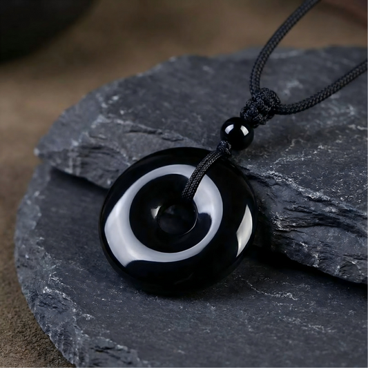 Natural Black Obsidian Donut Pendant Necklace | Ping An Kou Protection Amulet