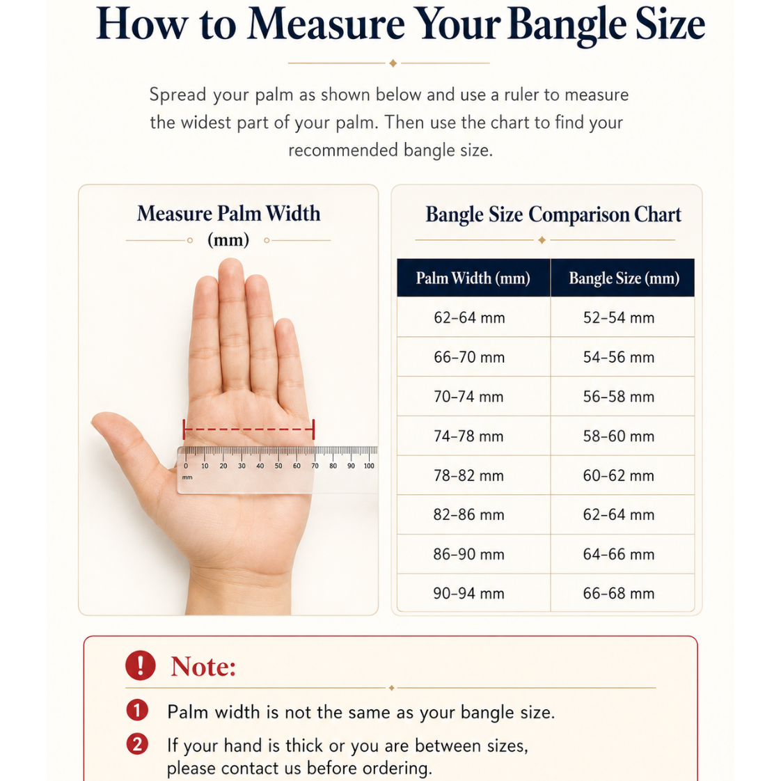 How to measure your bangle size with palm width and bangle size comparison chart