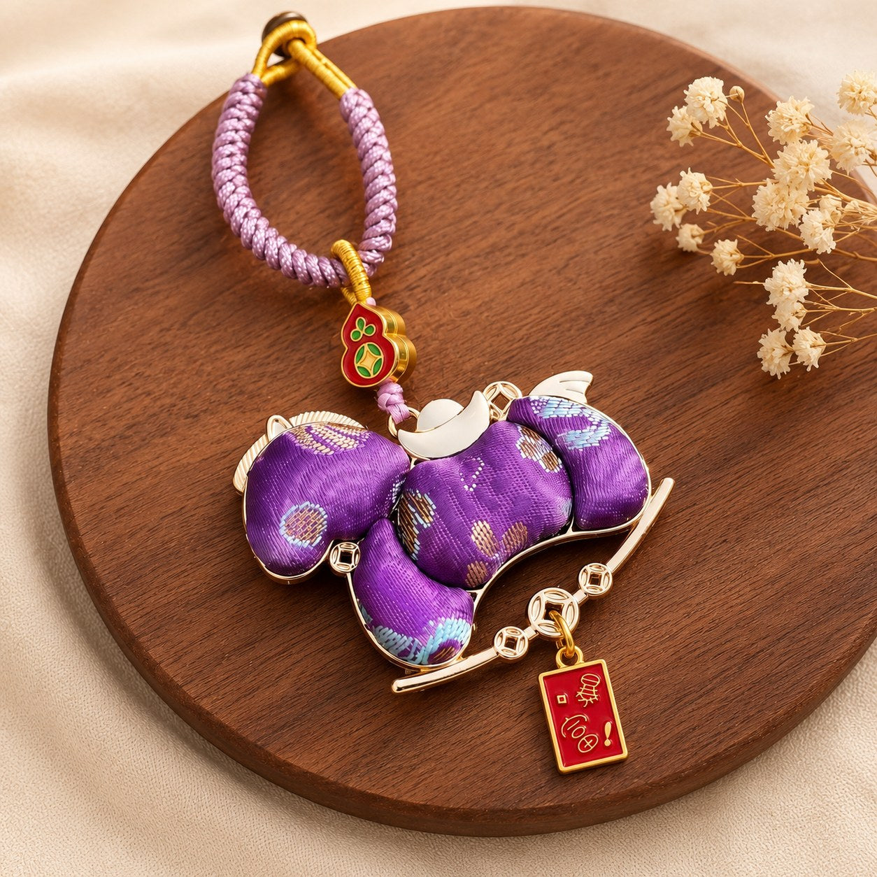 Purple brocade lucky pony hanging charm with decorative fortune tag
