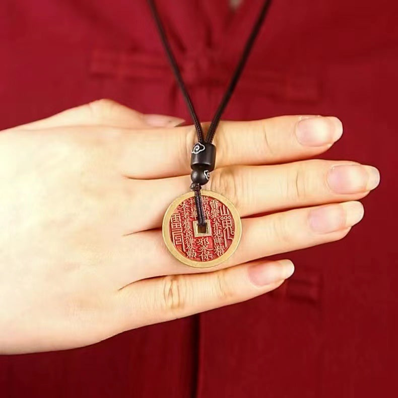 Authentic Taoist Bagua Coin Pendant | Cinnabar Brass Protection Amulet Necklace