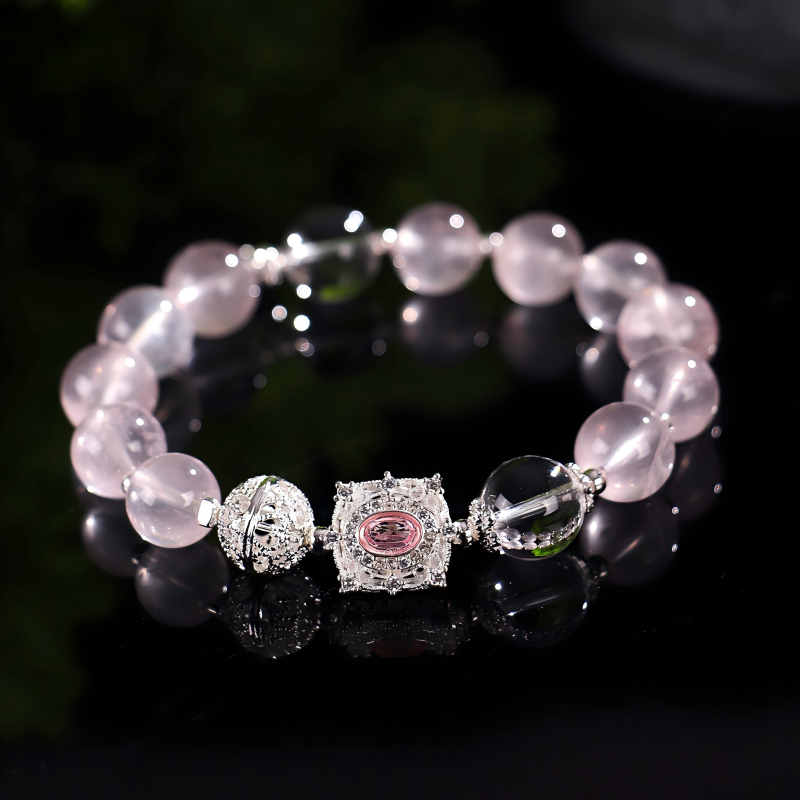 Natural Rose Quartz Beaded Bracelet with Silver Charms | Healing Crystal Jewelry