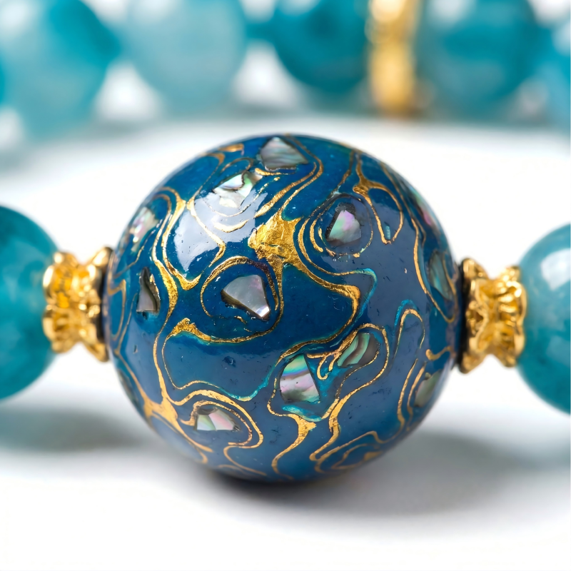 Natural Blue Chalcedony Beaded Bracelet with Handmade Lacquer Bead | Vintage Artistic Jewelry