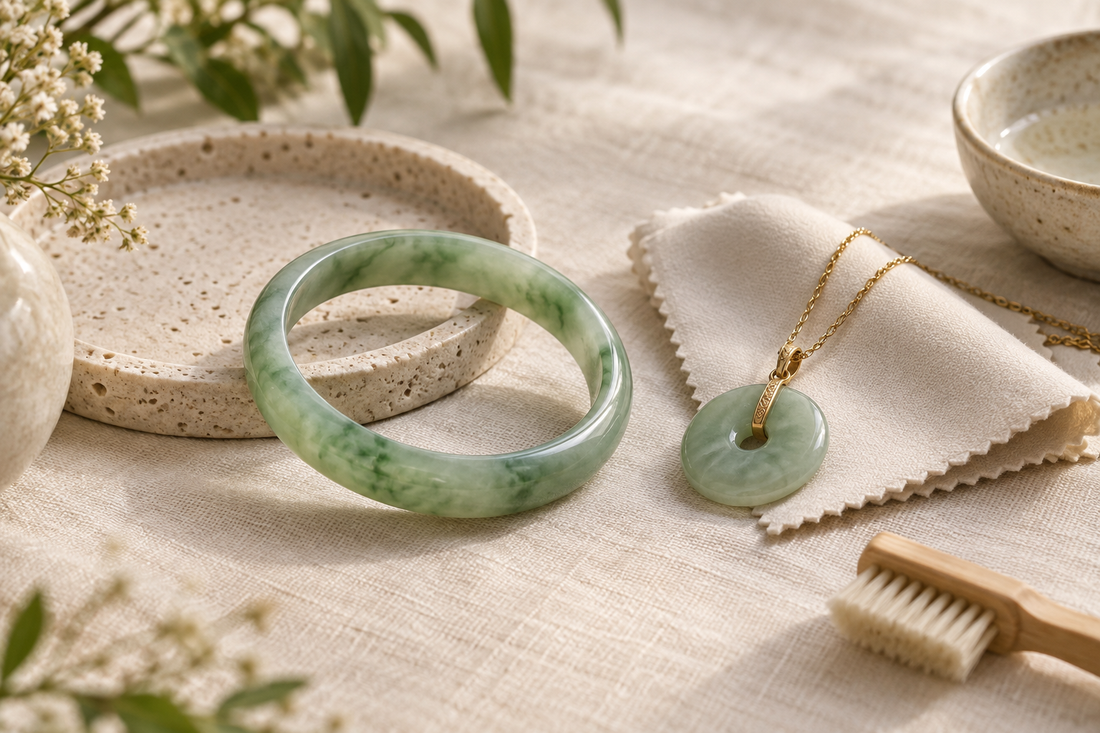 Jade bangle and pendant with a soft polishing cloth for gentle jewelry care