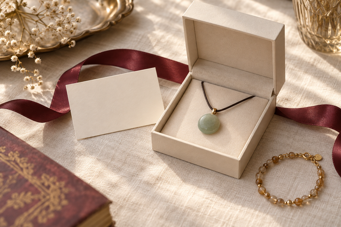 Pale green pendant in an open cream box beside a golden-brown bracelet, blank note card, and burgundy ribbon.