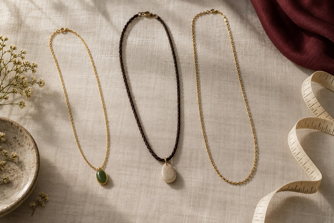 Illustrative necklaces with green and pale pendants arranged on ivory linen beside a measuring tape.