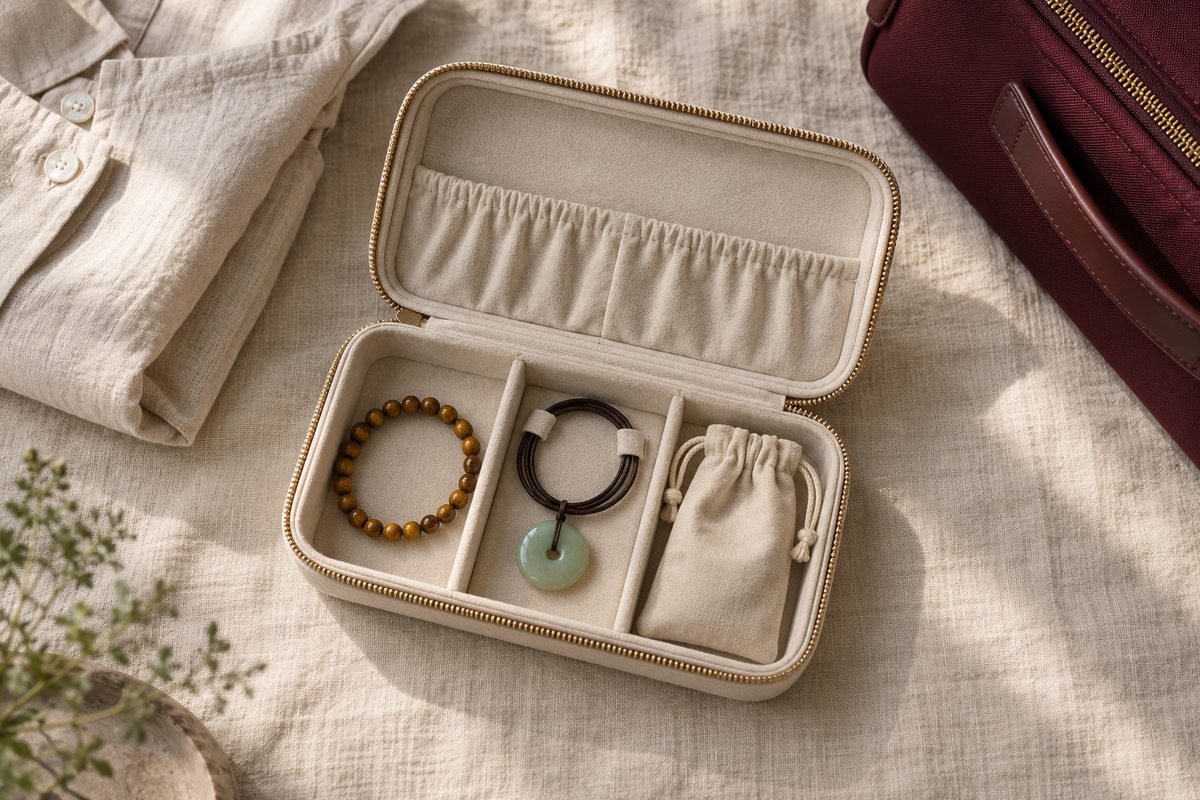 Open cream travel jewelry organizer with a beaded bracelet, green pendant on a cord, and a soft pouch in separate compartments.