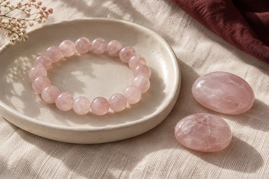Illustrative pale pink bead bracelet on a cream tray with two polished pink stones on ivory linen.