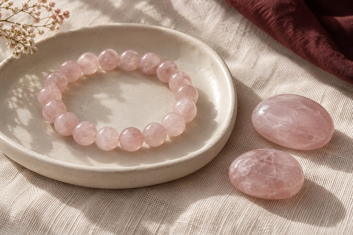 Illustrative pale pink bead bracelet on a cream tray with two polished pink stones on ivory linen.