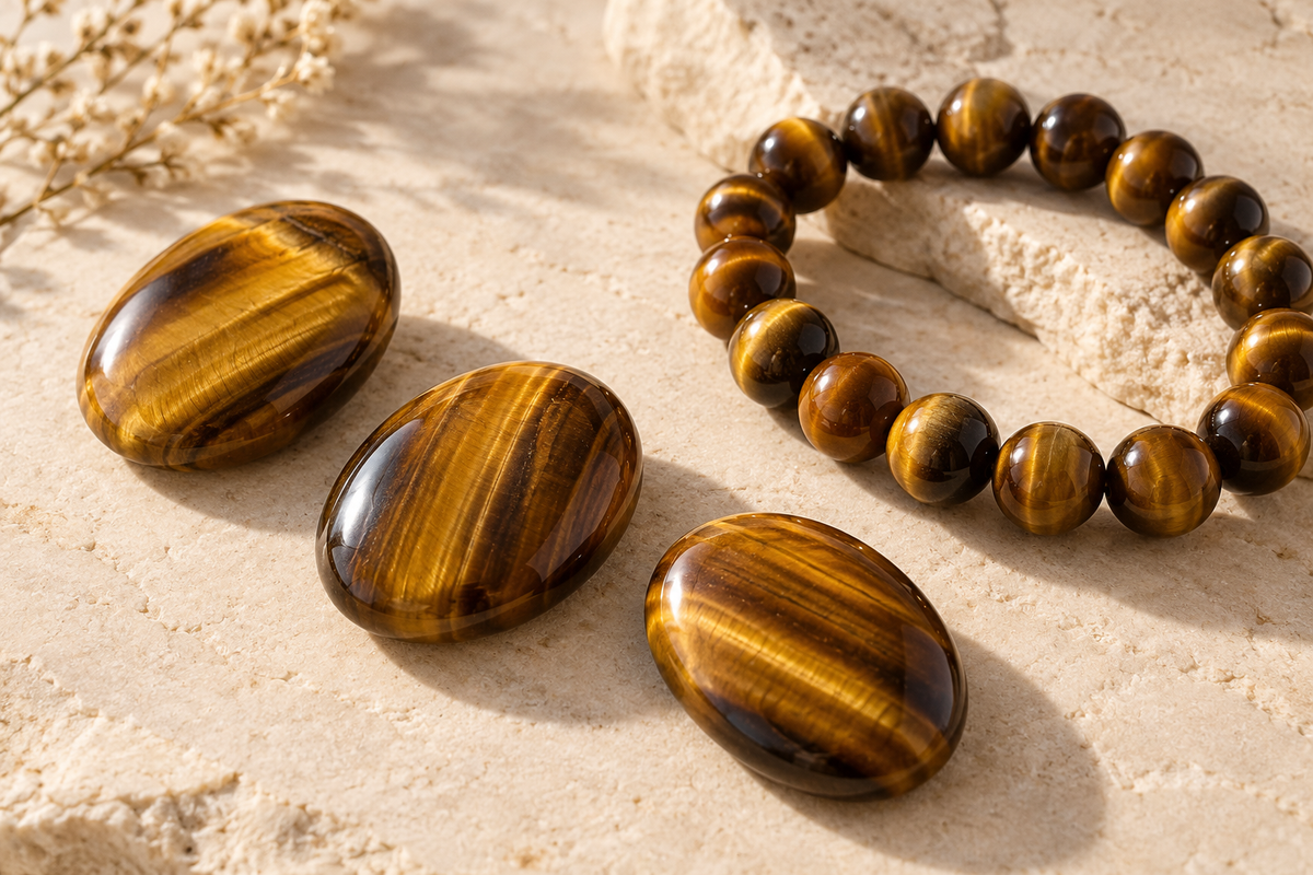 Three polished golden-brown tiger's-eye cabochons beside a round-bead bracelet on a cream stone surface.