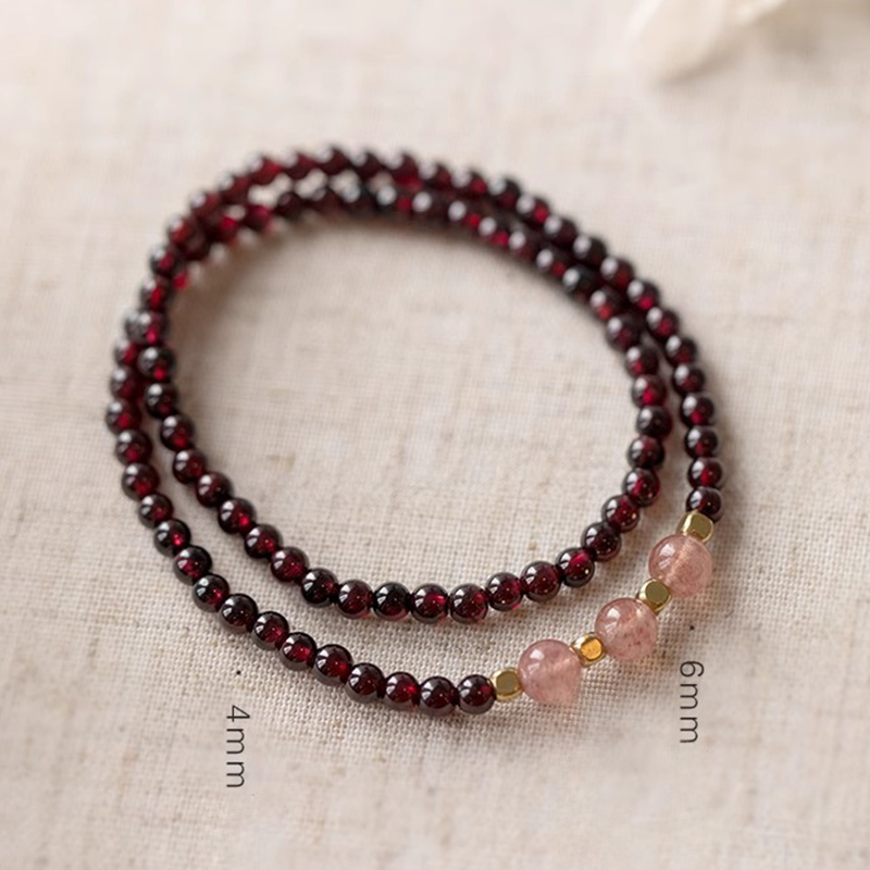 Natural Wine Red Garnet Double Wrap Bracelet with Pink Quartz | Dainty Crystal Jewelry