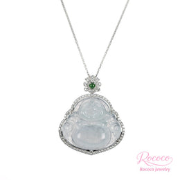Icy Jadeite Jade & Diamond Happy Buddha Pendant