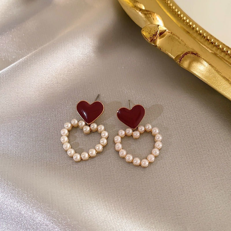 Gold-tone 925 sterling silver red heart earrings with simulated pearl circles