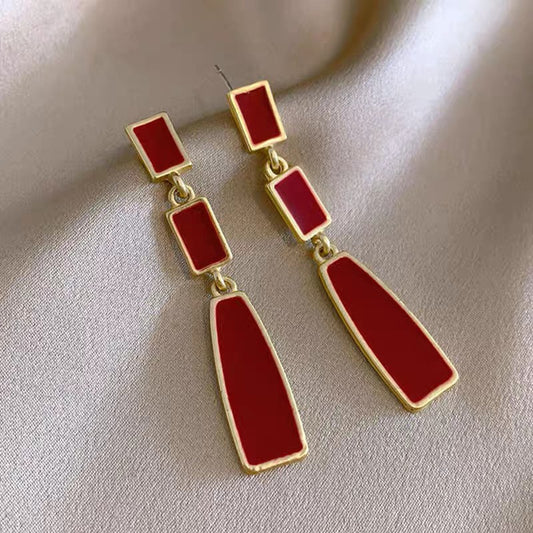 Gold-tone 925 sterling silver red geometric drop earrings with enamel details