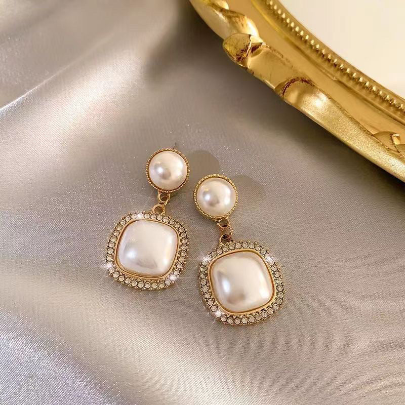 Gold-tone 925 sterling silver square drop earrings with simulated pearl and crystal accents