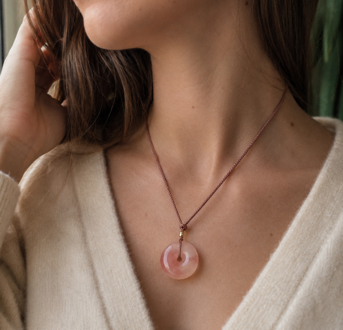 Peach Blossom Quartzite Jade Peace Buckle Pendant Necklace