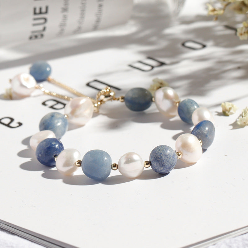 Natural Blue Aventurine & Freshwater Pearl Adjustable Bracelet | Elegant Healing Jewelry