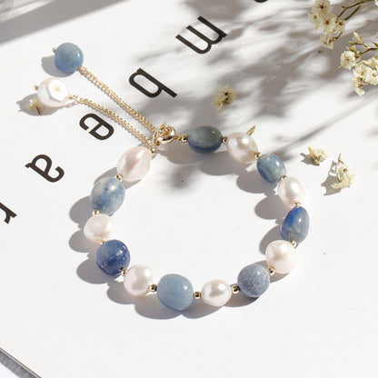 Natural Blue Aventurine & Freshwater Pearl Adjustable Bracelet | Elegant Healing Jewelry