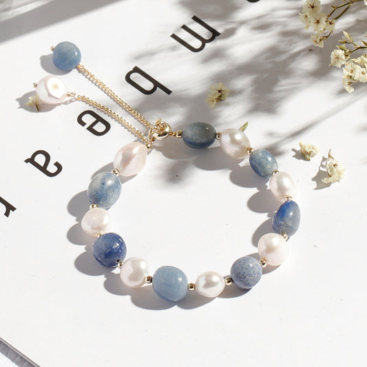 Natural Blue Aventurine & Freshwater Pearl Adjustable Bracelet | Elegant Healing Jewelry