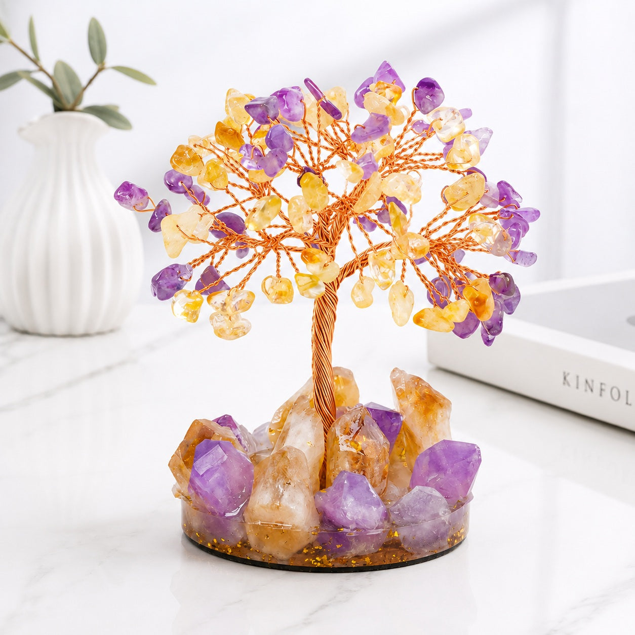Amethyst and citrine crystal tree of life decor for home display
