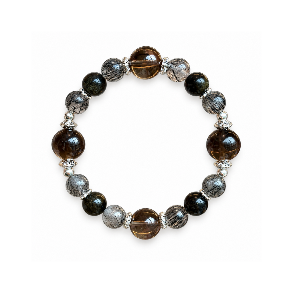 Devil Black bracelet with smoky brown and dark beads and silver-tone spacers
