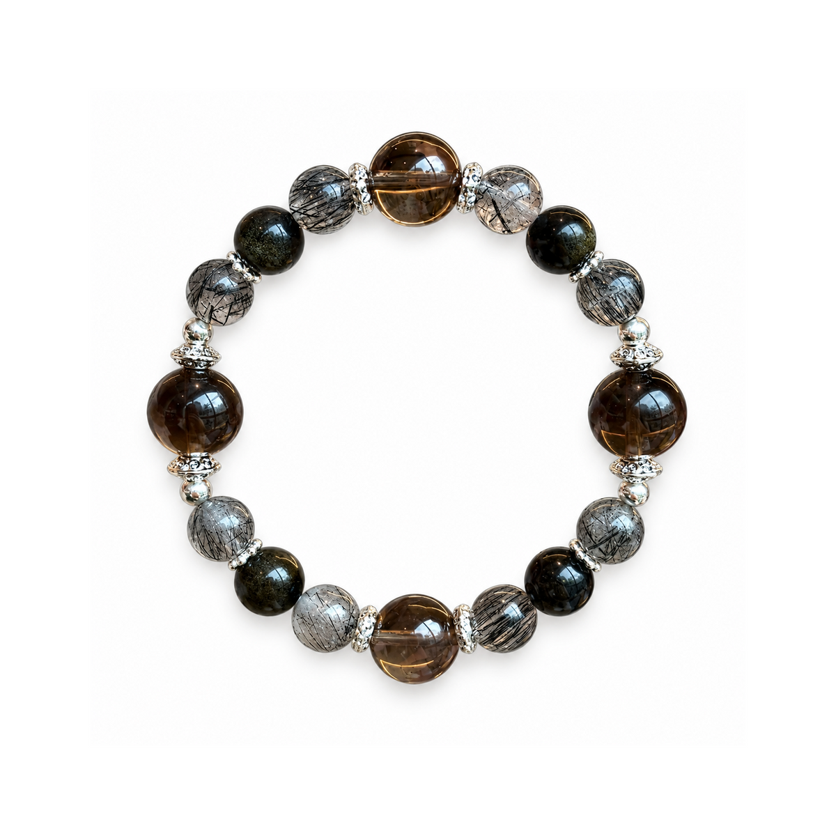 Devil Black bracelet with smoky brown and dark beads and silver-tone spacers