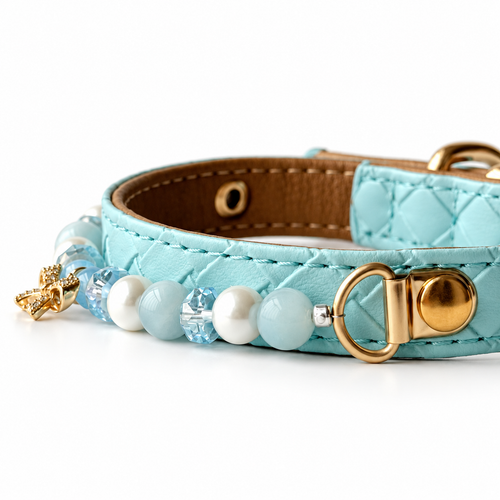 Aqua Bow Beaded Pet Collar — bead and attachment detail