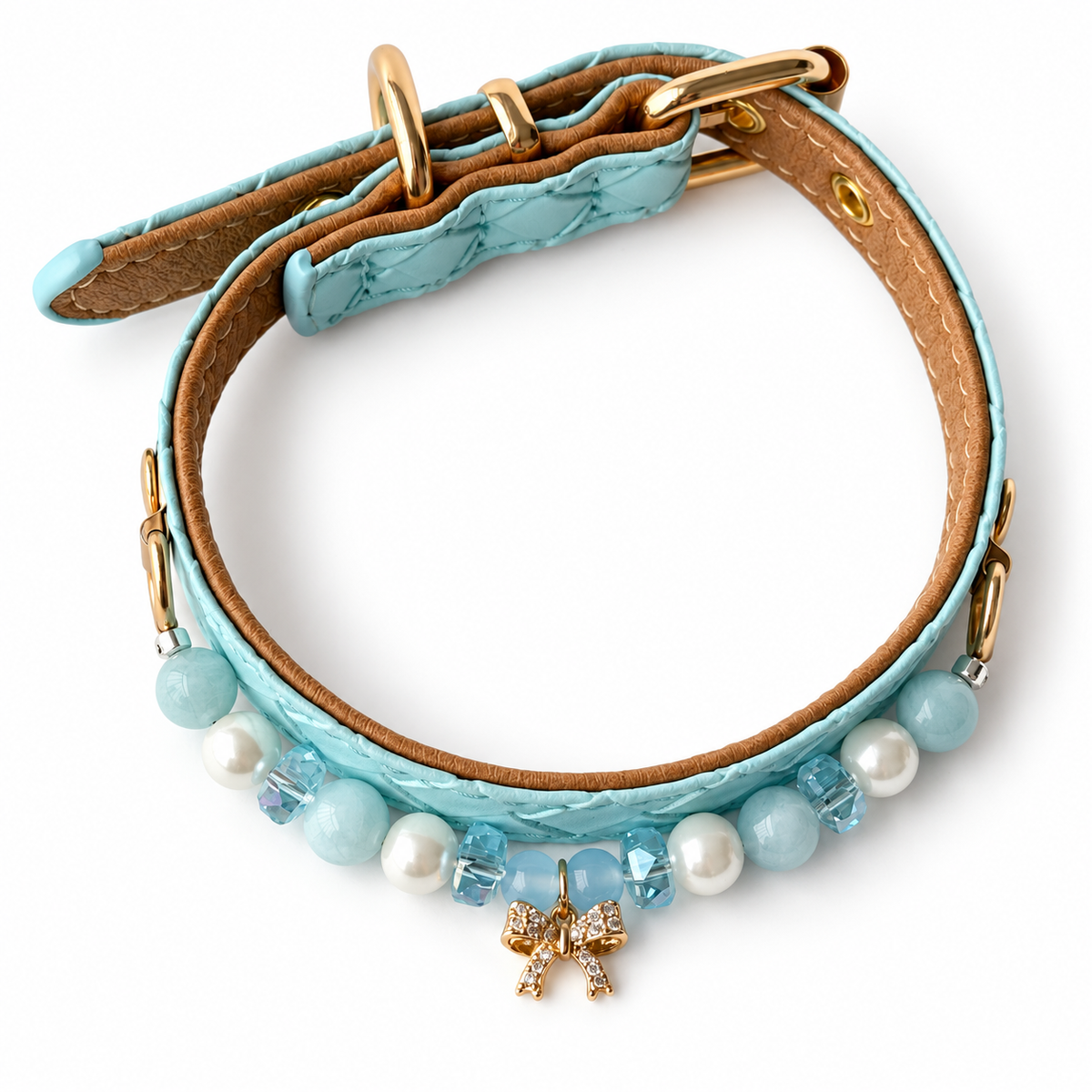Aqua Bow Beaded Pet Collar — overhead or flat-lay product view