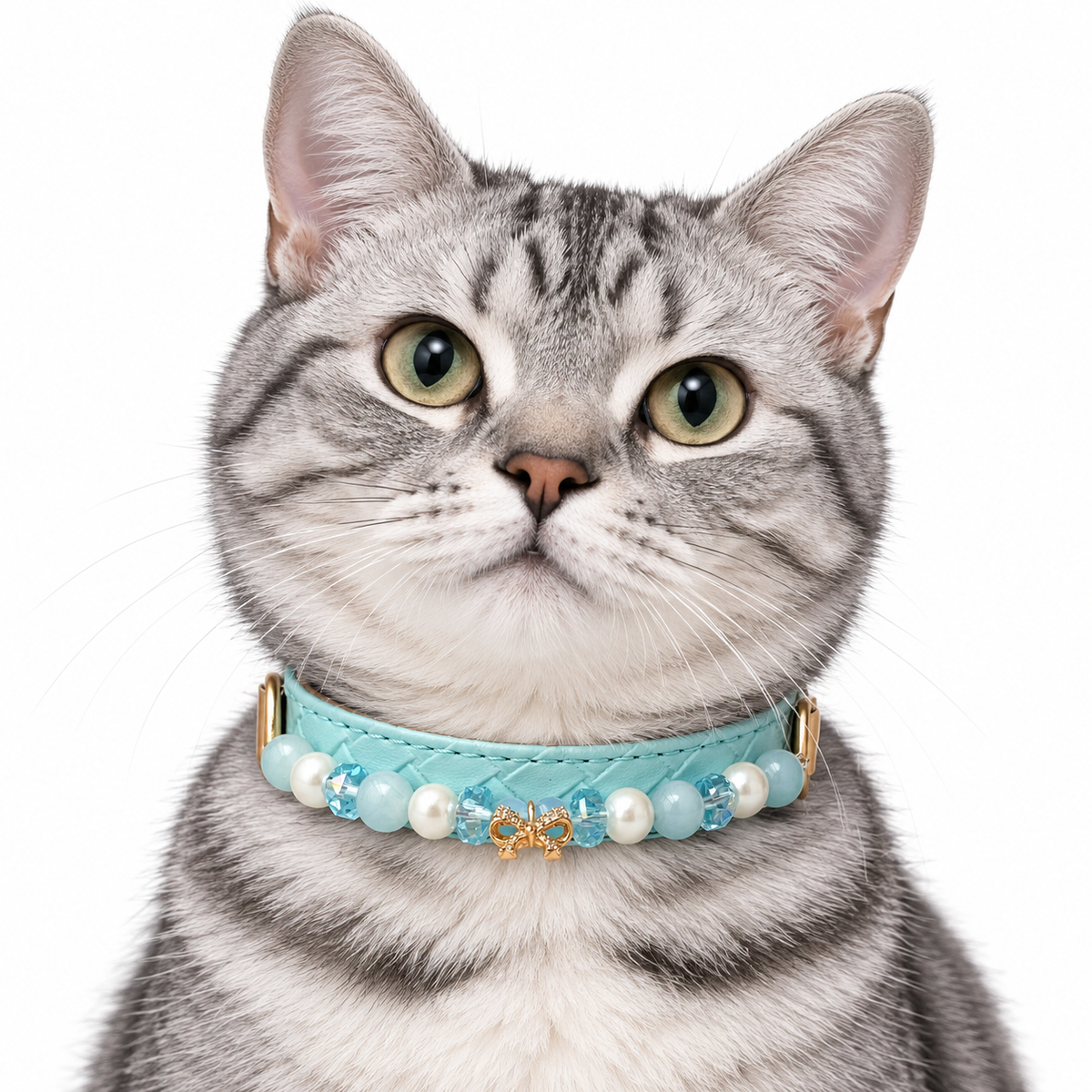 Aqua Bow Beaded Pet Collar — AI pet wearing illustration; refer to size guide