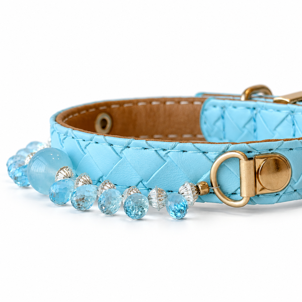 Aqua Dewdrop Beaded Pet Collar - bead and strap detail