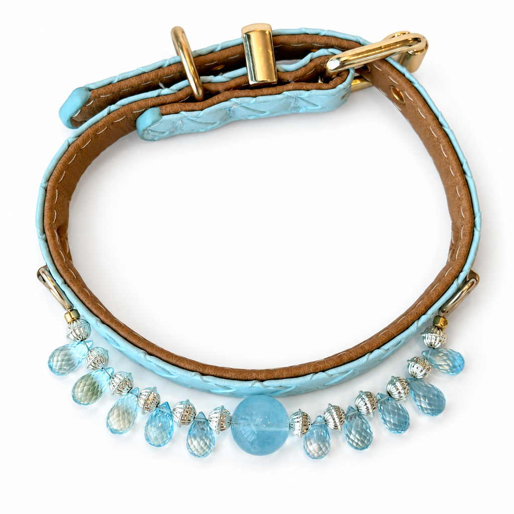 Aqua Dewdrop Beaded Pet Collar - overhead view