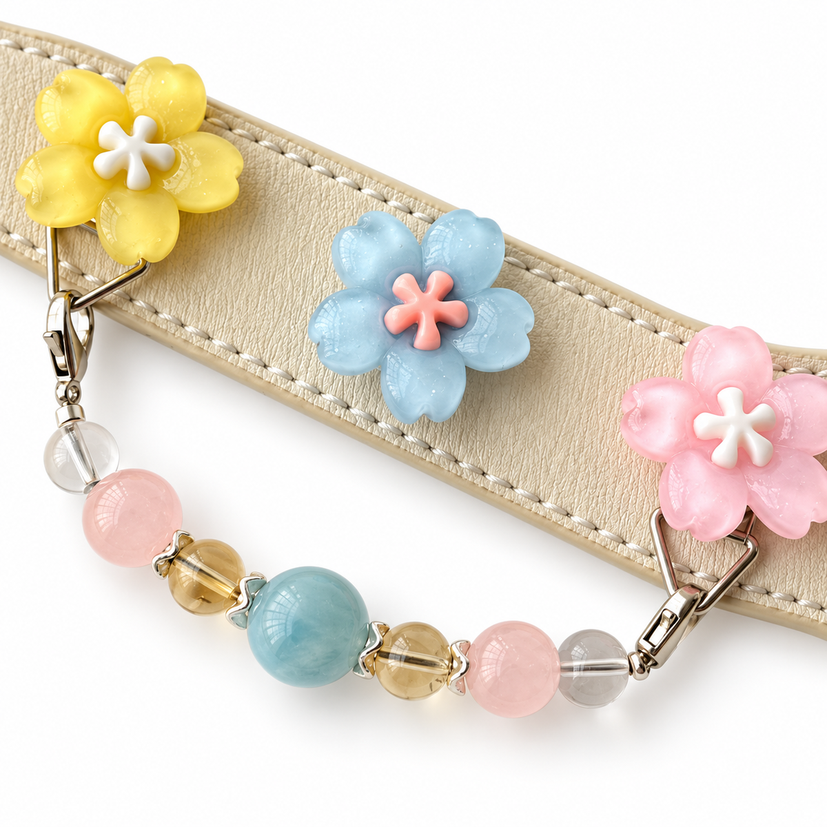 Aqua Pastel Bloom Beaded Pet Collar - bead and strap detail