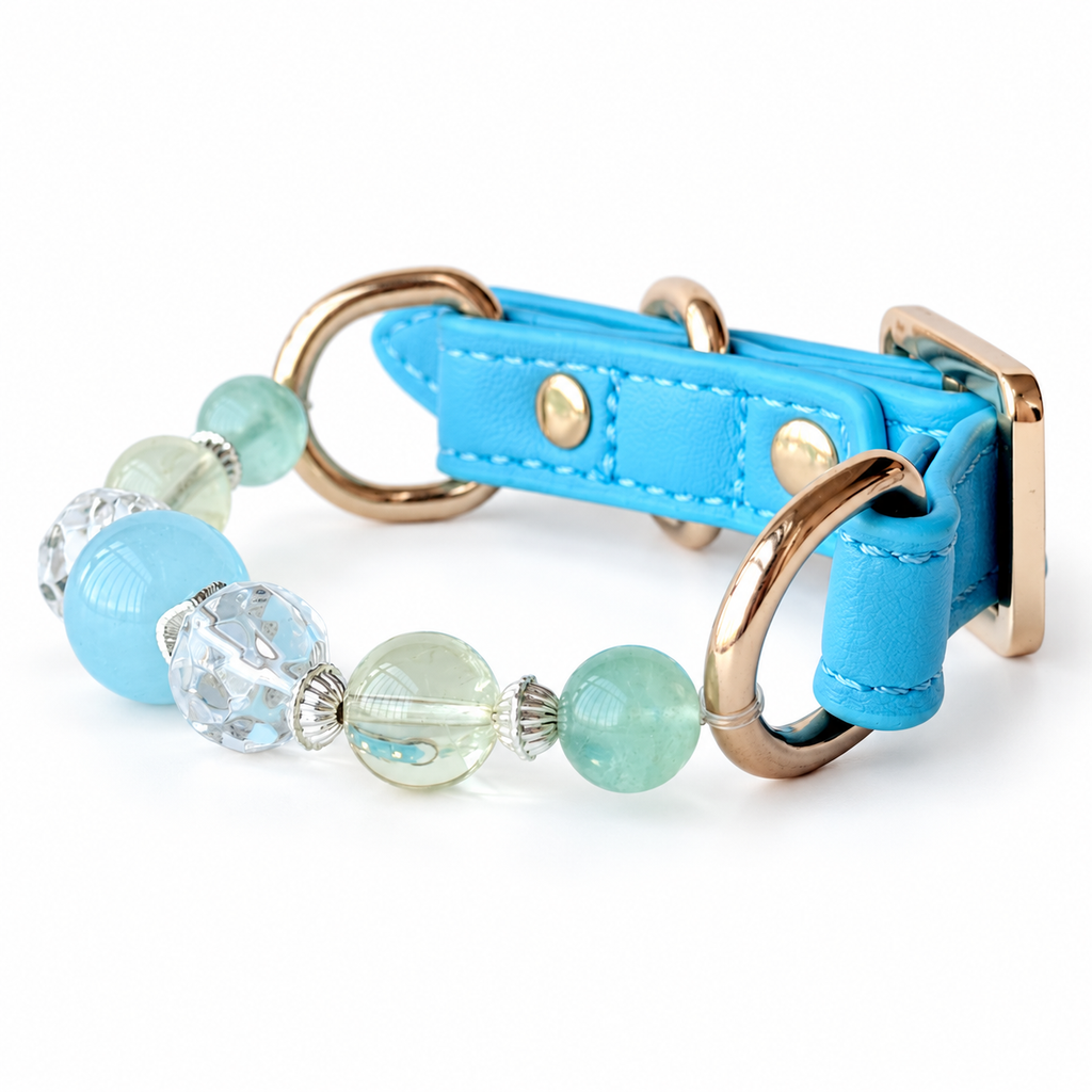 Aqua Prism Beaded Pet Collar - bead and strap detail