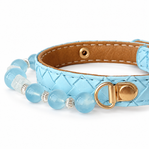 Aqua Snow Beaded Pet Collar - bead and strap detail