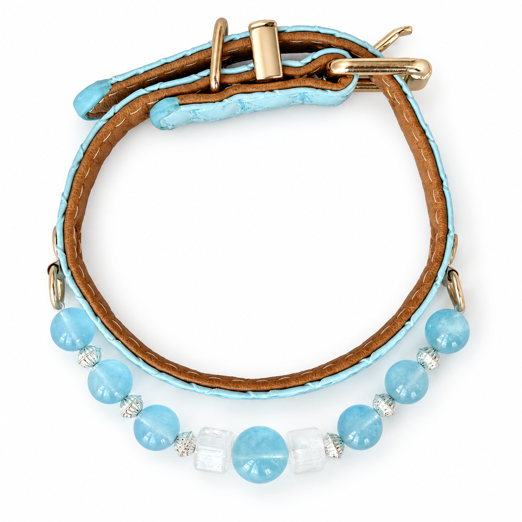 Aqua Snow Beaded Pet Collar - overhead view