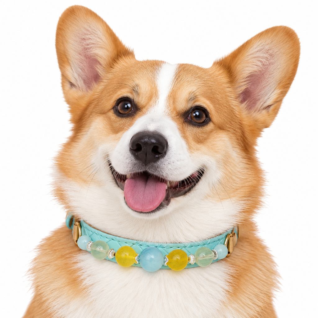 Aqua Sunshine Beaded Pet Collar - AI pet wearing styling illustration