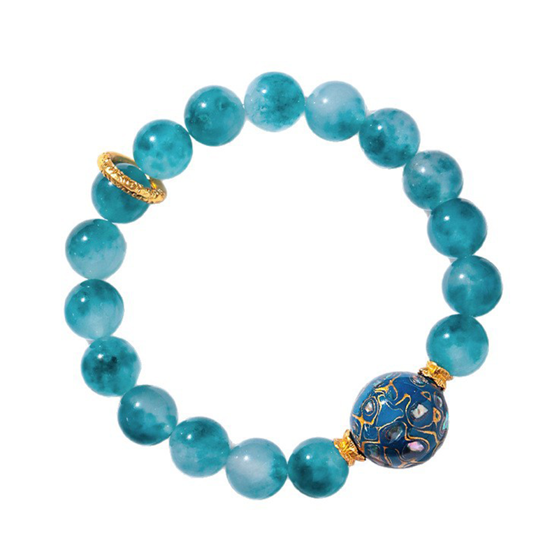 Natural Blue Chalcedony Beaded Bracelet with Handmade Lacquer Bead | Vintage Artistic Jewelry
