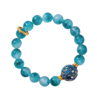 Natural Blue Chalcedony Beaded Bracelet with Handmade Lacquer Bead | Vintage Artistic Jewelry
