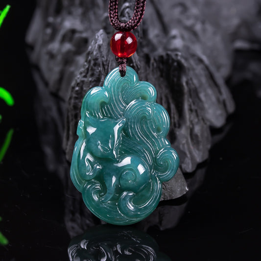 Authentic Grade A Blue Water Jadeite Nine-Tailed Fox Pendant | Fox Fairy Amulet