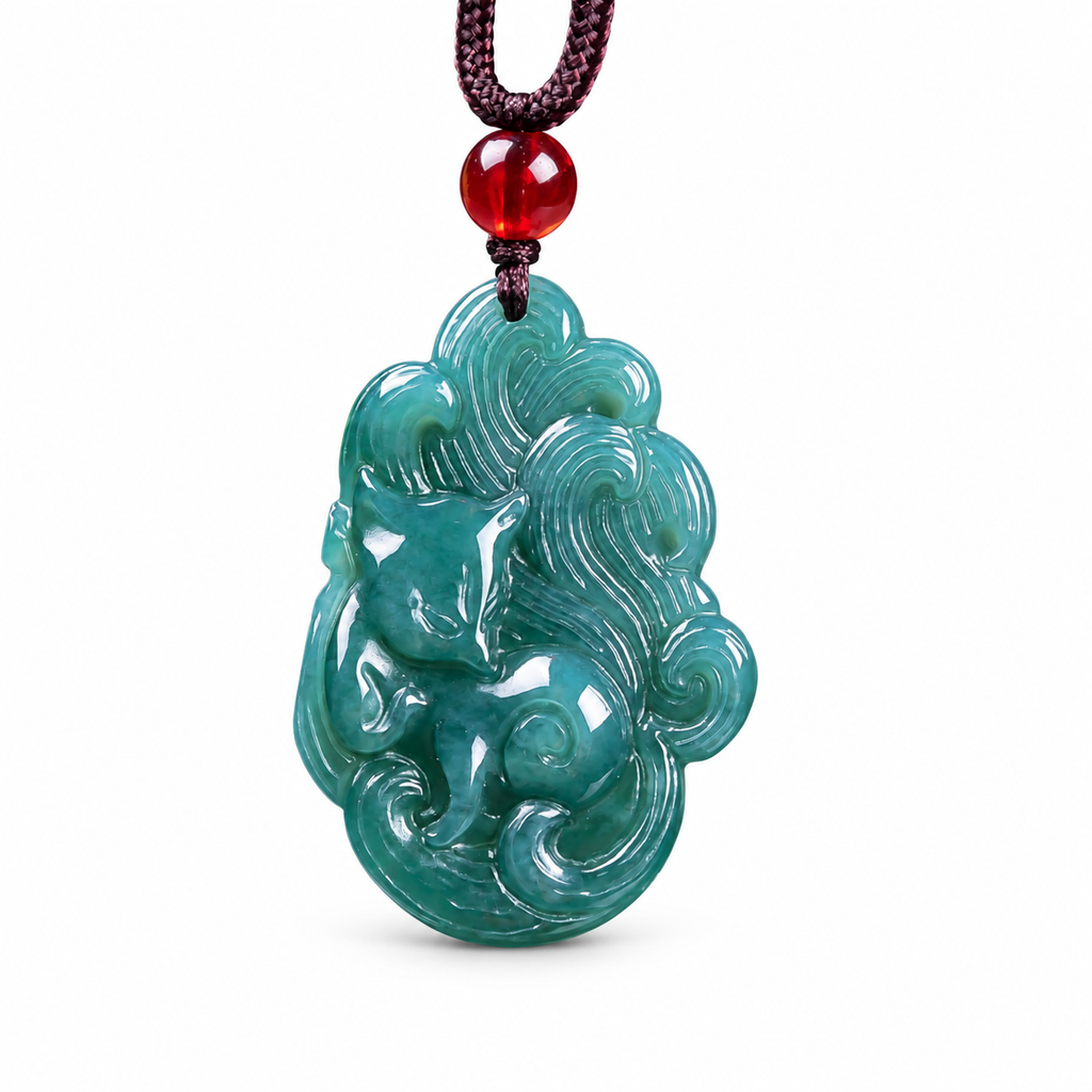 Blue-Green Nine-Tailed Fox Pendant — angled view