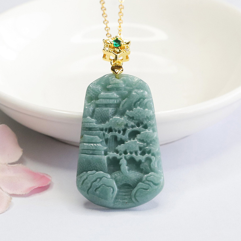 Authentic Grade A Jadeite "Shan Shui" Landscape Pendant | Blue Water Jade Necklace