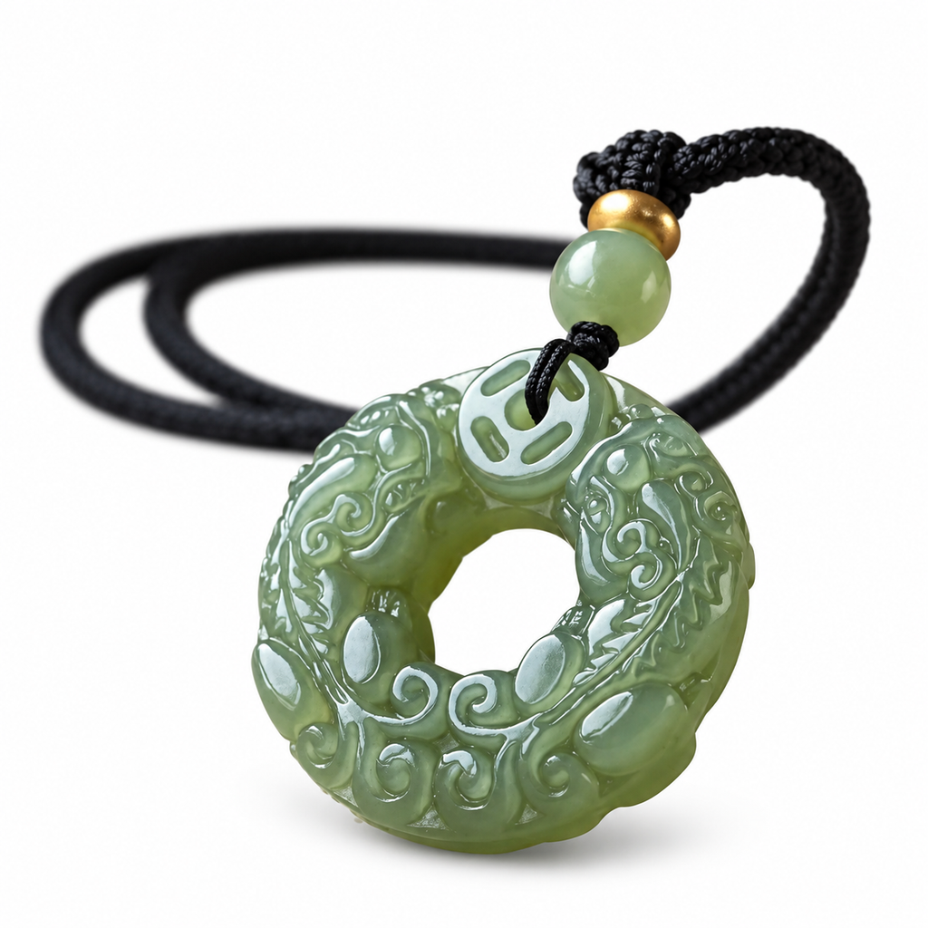 Green Pixiu Donut Pendant Necklace — angled view